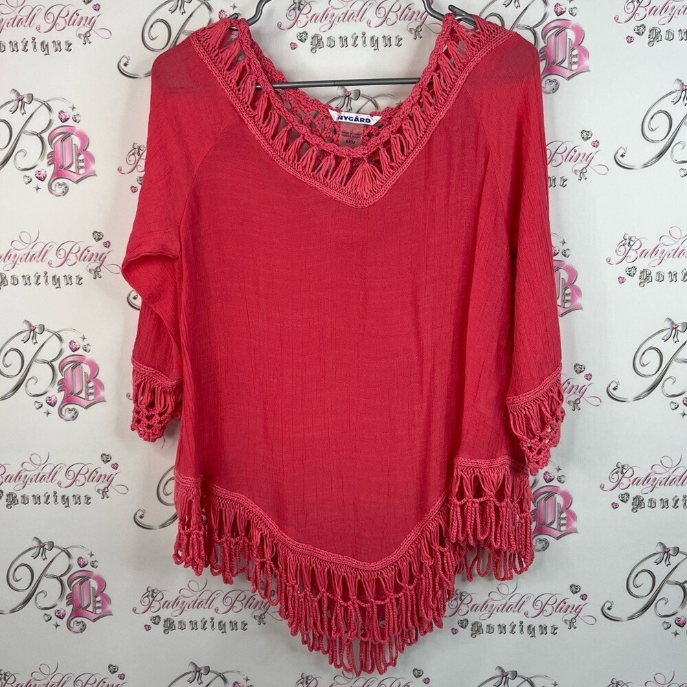 Nygard top blouse red coral Pink Crochet Trim Women's Top flowy poncho style